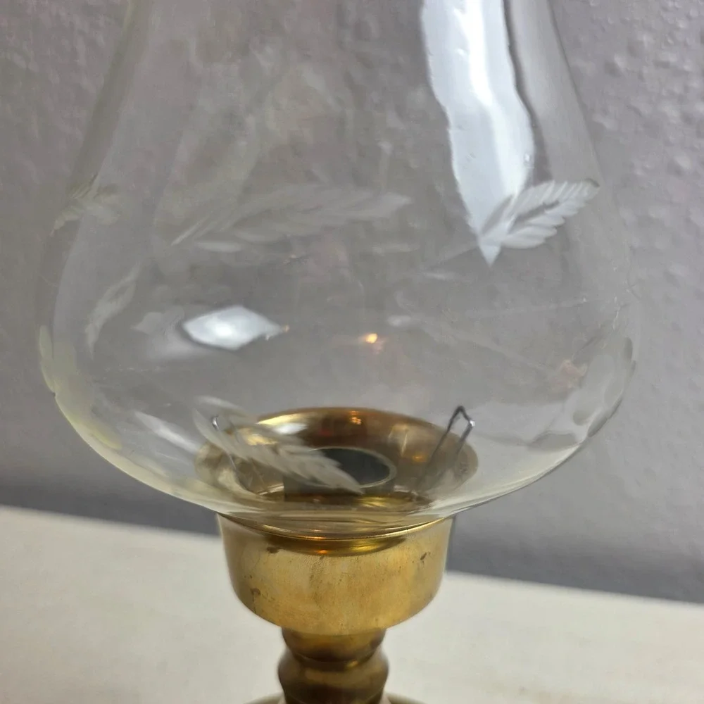 Vintage Brass‎ Chamberstick Candle Holder with Etched Glass Hurricane Chimney